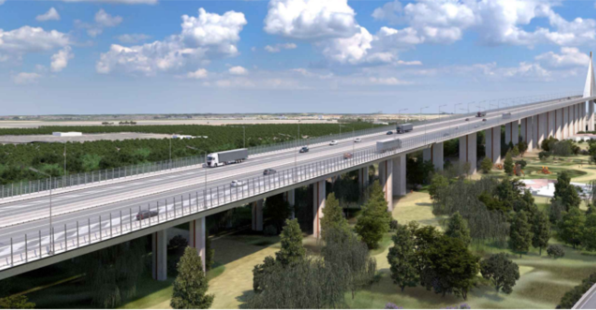 Recreación virtual de una vista aérea de la zona transición entre el viaducto de aproximación y el viaducto principal.