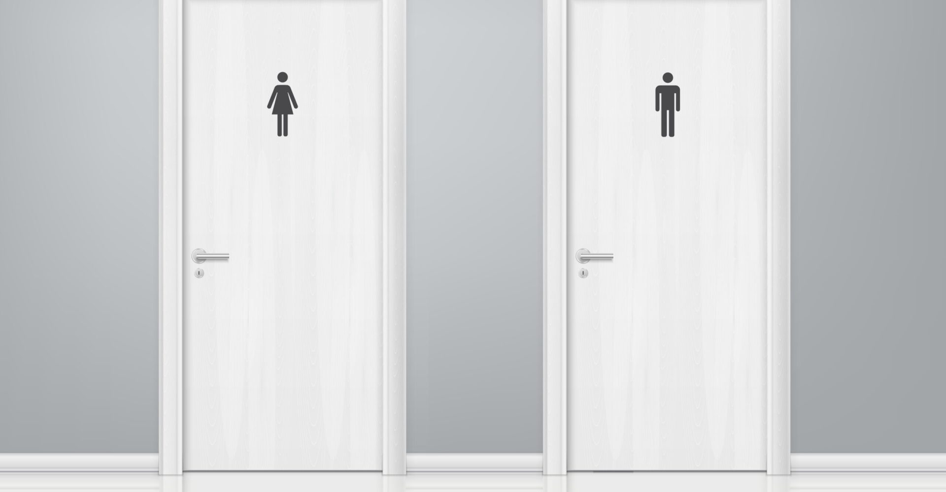 Two white wooden doors wc realistic composition for for men and women with inscription on the door vector illustration